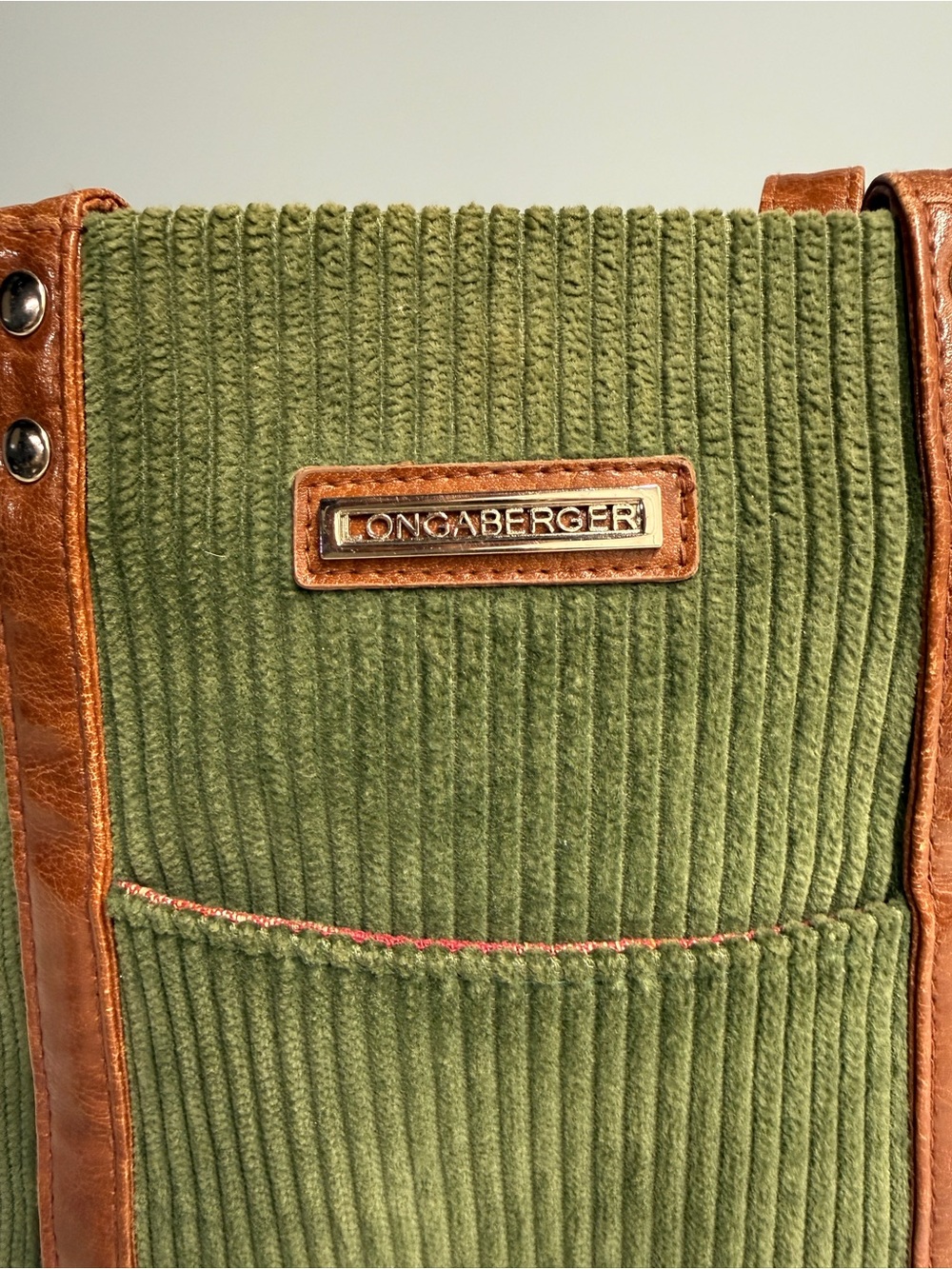 Longaberger Green Corduroy Tote with Brown Leather Accents - Picture 3 of 6